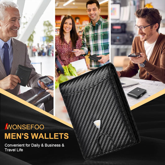 Wallets Mens Slim RFID Blocking Carbon Fiber Leather Wallets for Men UK with up to 12 Credit Card Slots, Strong Money Clip, Minimalist Bi-Fold Mens Wallets with Gift Box - Black