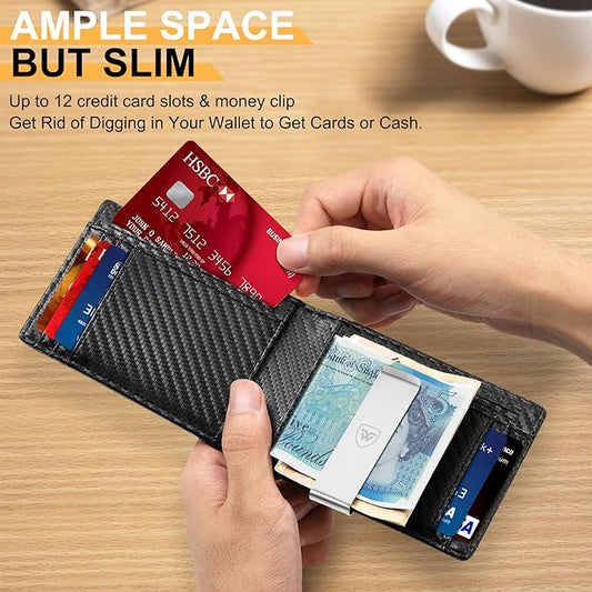 Wallets Mens Slim RFID Blocking Carbon Fiber Leather Wallets for Men UK with up to 12 Credit Card Slots, Strong Money Clip, Minimalist Bi-Fold Mens Wallets with Gift Box - Black