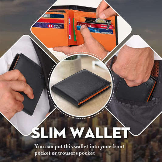 Wallets Mens Slim Genuine Leather RFID Blocking Wallet Mens with 11 Card Holder, 2 banknote compartments, Coin Pocket, Minimalist Wallets for Men UK with Gift Box - Black and Orange