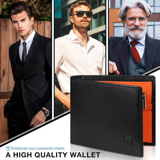 Wallets Mens RFID Blocking Genuine Leather Mens Wallets with 11 Card Holder, 2 Banknote Compartments, Coin Pocket, ID Window, Minimalist Wallets for Men UK with Gift Box - Black and Orange