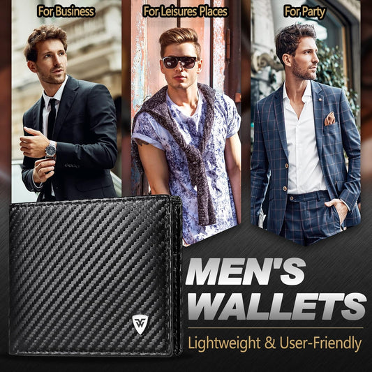 Wallets Mens RFID Blocking Carbon Fibre Leather Mens Wallets, Bifold Mens Wallet with Zipper Coin Pocket, 7 Credit Card Holders, ID Windows, 2 Banknote Compartments, Gift Box- Black