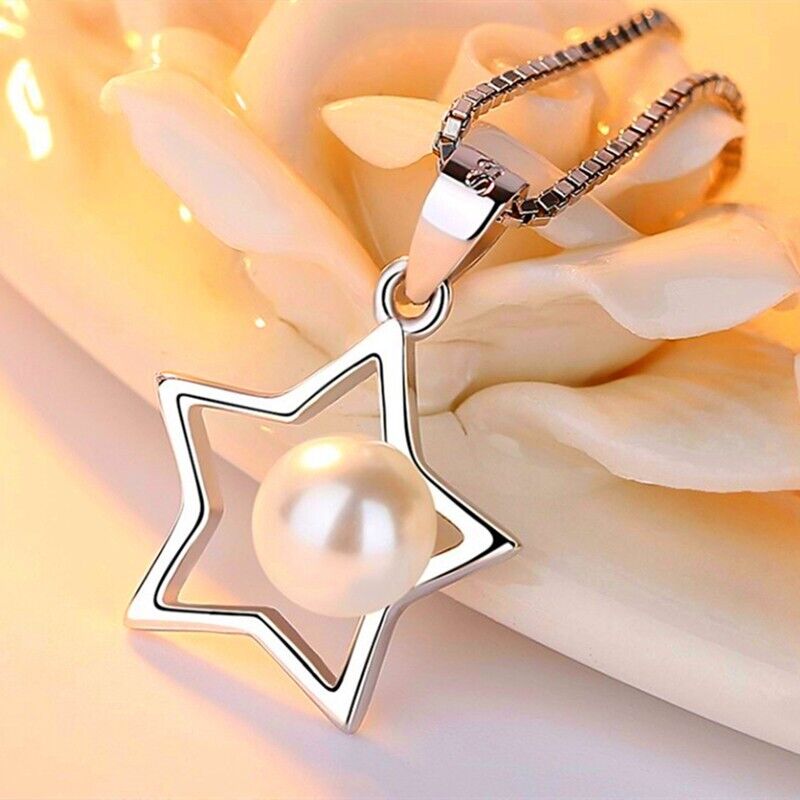 Pearl Star Pendant Necklace 925 Sterling Silver Chain Womens Jewellery Xmas Gift