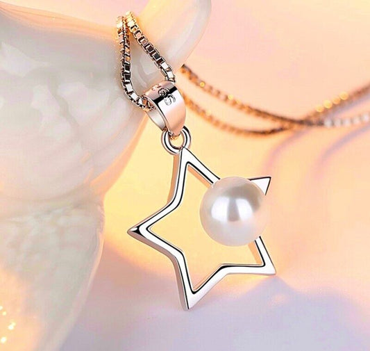 Pearl Star Pendant Necklace 925 Sterling Silver Chain Womens Jewellery Xmas Gift