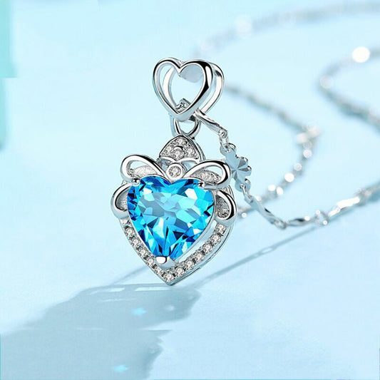 Womens 925 Sterling Silver Crystal Heart Pendant Chain Necklace Jewellery Gift