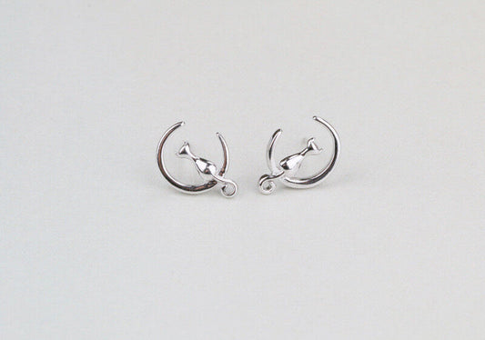 Cat Moon Stud Earring Pendant Necklace 925 Sterling Silver Womens Jewellery Gift