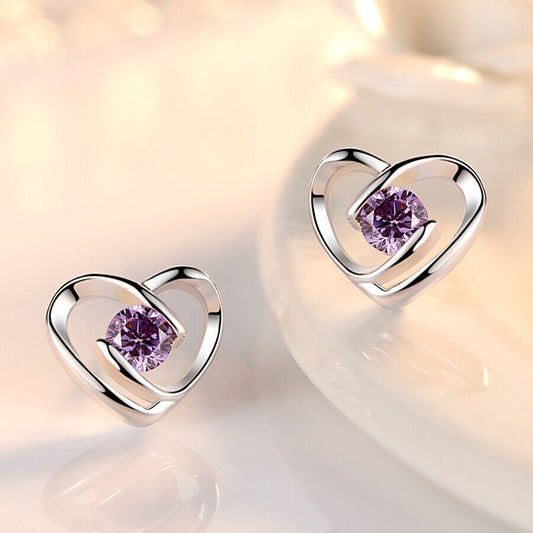 Heart Swirl Stone Stud Earrings 925 Sterling Silver Womens Girls Jewellery Gift