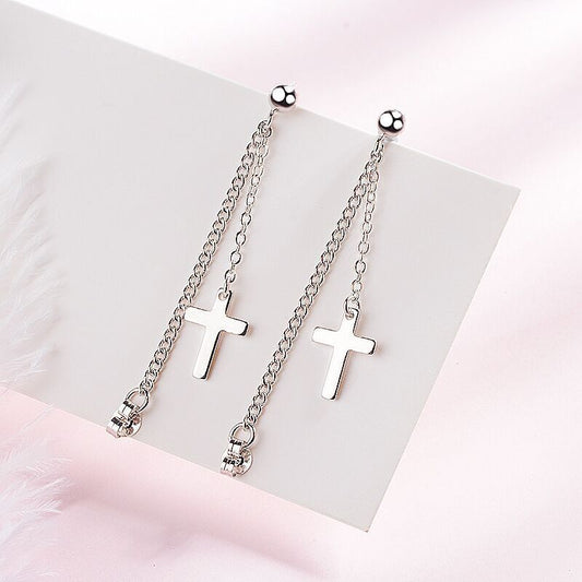 925 Sterling Silver Cross Chain Drop Stud Earrings Women Girls Jewellery Gift UK