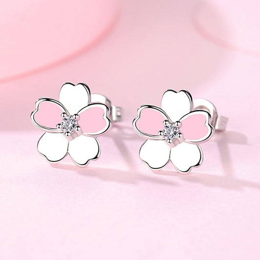 Beatutiful Pink Flower Shaped Stud Earrings 925 Sterling Silver Womens Jewellery