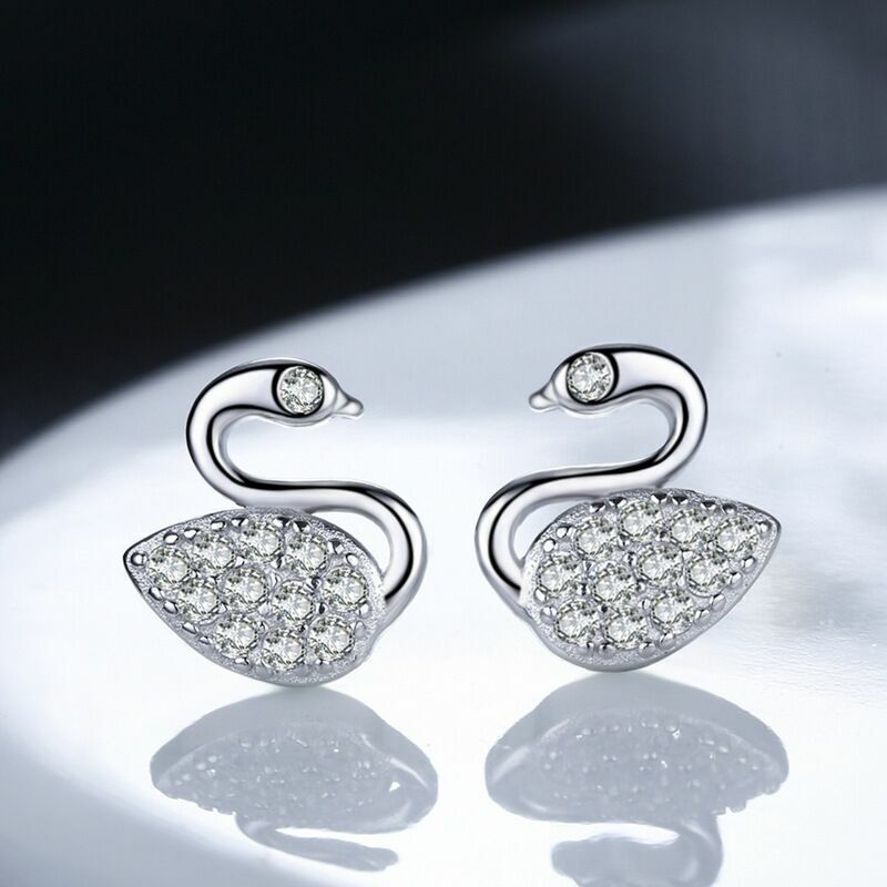 Crystal Swan Womens Girls 925 Sterling Silver Stud Earrings Jewellery Gift UK