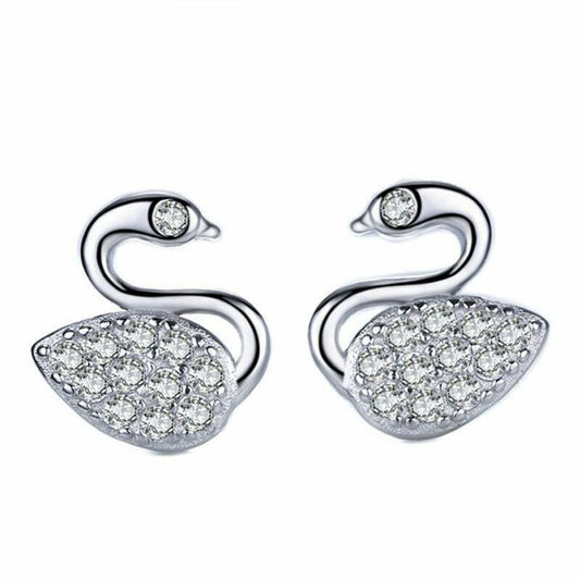 Crystal Swan Womens Girls 925 Sterling Silver Stud Earrings Jewellery Gift UK