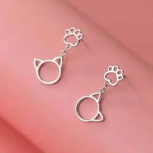 925 Sterling Silver Cute Paw Hollow Cat Drop Stud Earrings Womens Jewellery Gift