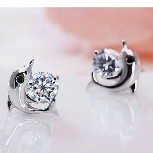 Crystal Dolphin Hug Womens 925 Sterling Silver Stud Earrings Jewellery Gift UK