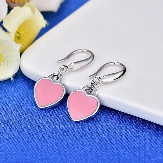 925 Sterling Silver Pink Heart Drop Hook Earrings Jewellery Women Girls Gift