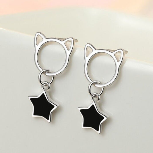 925 Sterling Silver Cute Cat Star Drop Stud Earrings Womens Girls Jewellery Gift