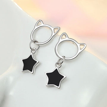 925 Sterling Silver Cute Cat Star Drop Stud Earrings Womens Girls Jewellery Gift