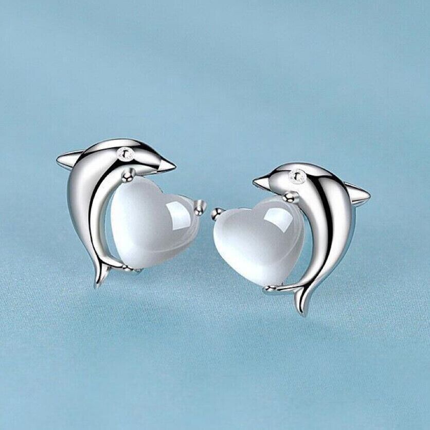 925 Sterling Silver Heart Moonstone Dolphin Stud Earrings Women Jewellery Gift