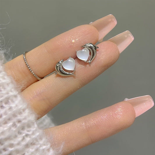 925 Sterling Silver Heart Moonstone Dolphin Stud Earrings Women Jewellery Gift