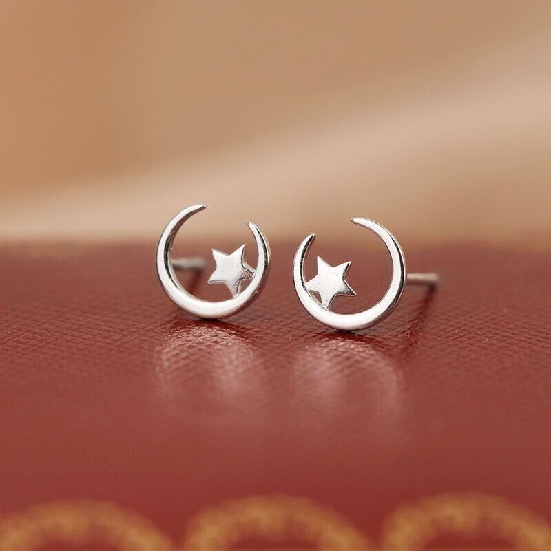 Womens Girls Moon Star Stud Earrings 925 Sterling Silver Jewellery Gift UK