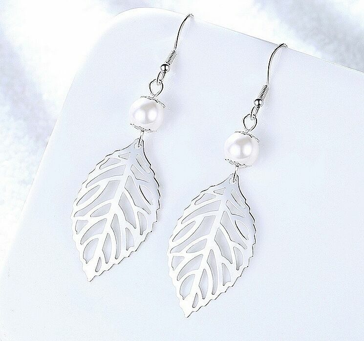 Women Girls Pearl Leaf Drop Hook Earrings 925 Sterling Silver Jewellery Gift UK