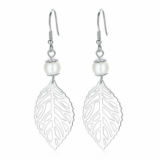 Women Girls Pearl Leaf Drop Hook Earrings 925 Sterling Silver Jewellery Gift UK