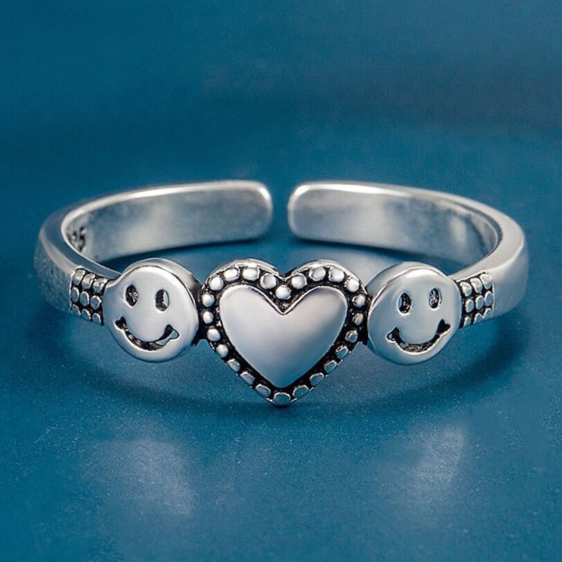 Vintage Heart Smiley Face Adjustable Ring 925 Sterling Silver Women Jewellery