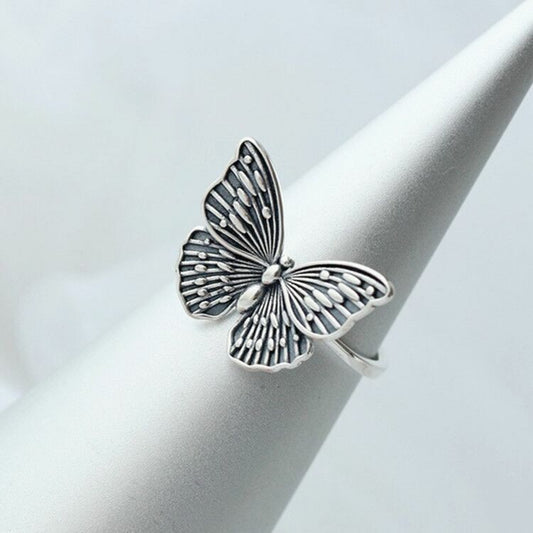 Women Girls Vintage Butterfly Adjustable Ring 925 Sterling Silver Jewellery Gift