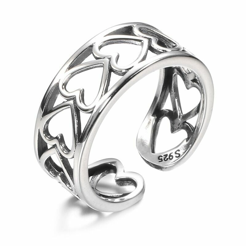 Vintage Love Heart Linked Adjustable Ring Silver Plated Women Girls Jewellery UK