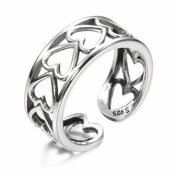 Vintage Love Heart Linked Adjustable Ring Silver Plated Women Girls Jewellery UK