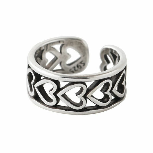 Vintage Love Heart Linked Adjustable Ring Silver Plated Women Girls Jewellery UK