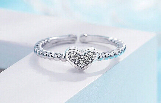 Tiny Crystal Heart Adjustable Ring 925 Sterling Silver Plt Women Jewellery Gift