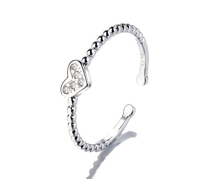 Tiny Crystal Heart Adjustable Ring 925 Sterling Silver Plt Women Jewellery Gift