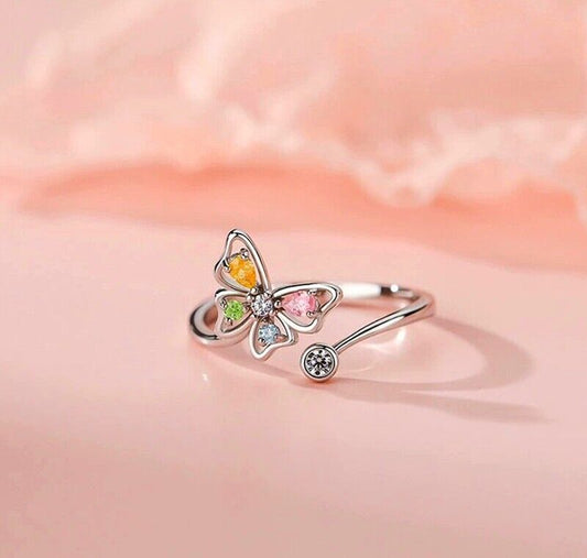 Vintage Colourful Butterfly Adjustable Ring 925 Sterling Silver Women Jewellery