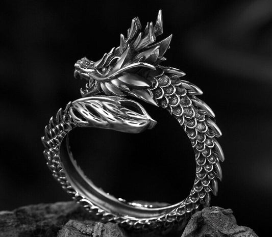 Vintage Dragon Adjustable Ring 925 Sterling Silver Plt Women Men Jewellery Gift