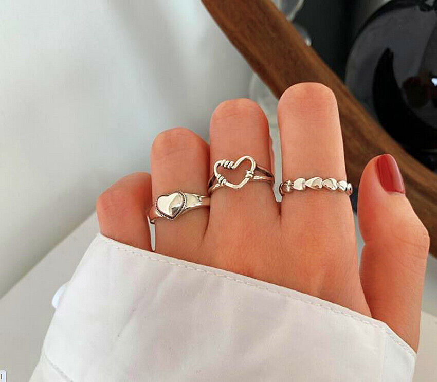 925 Sterling Silver Plt Vintage Heart Adjustable Ring Women Girls Jewellery Gift