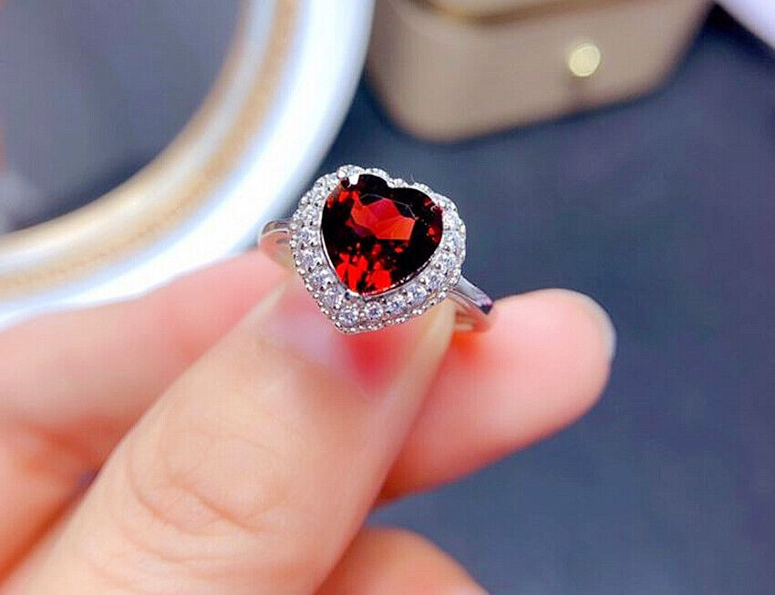 Red Heart Stone Adjustable Ring 925 Sterling Silver Women Girls Jewellery Gift