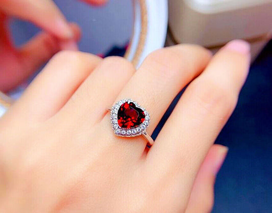 Red Heart Stone Adjustable Ring 925 Sterling Silver Women Girls Jewellery Gift