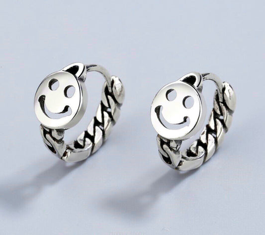 Happy Face Stud Hoop Earrings 925 Sterling Silver Womens Girls Jewellery Gift UK