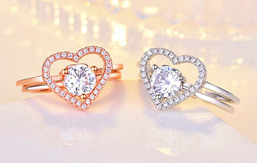 2PCS Heart Adjustable Ring 925 Sterling Silver Women Girl Jewellery Xmas Gift UK