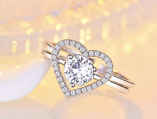 2PCS Heart Adjustable Ring 925 Sterling Silver Women Girl Jewellery Xmas Gift UK