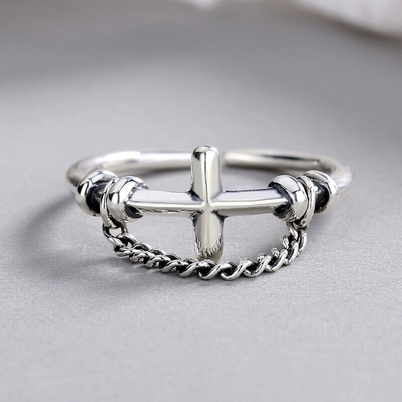 Vintage Cross Line Adjustable 925 Sterling Silver Ring Women Jewellery Xmas Gift