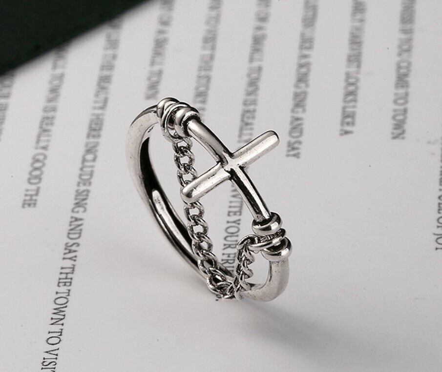 Retro Cross Line Adjustable Ring 925 Sterling Silver Womens Girl Jewellery Gifts