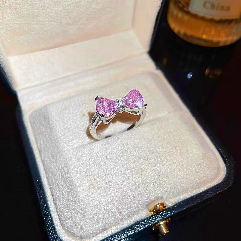 Pink Bow Adjustable Ring 925 Sterling Silver Womens Girl Jewellery Love Gift UK