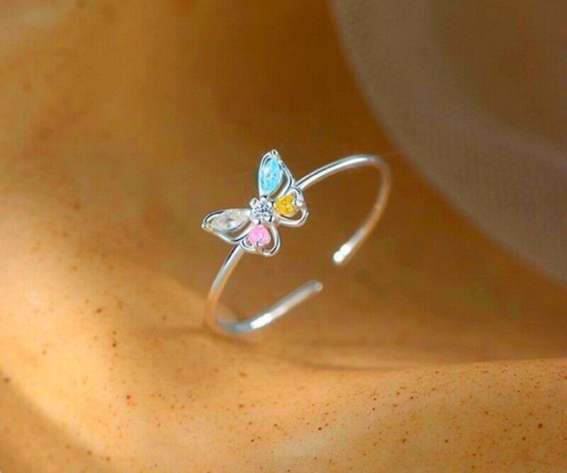 Crystal Colourful Butterfly Adjustable Ring 925 Sterling Silver Womens Jewellery