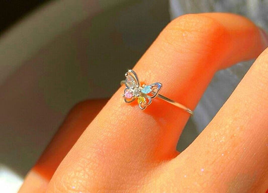 Crystal Colourful Butterfly Adjustable Ring 925 Sterling Silver Womens Jewellery