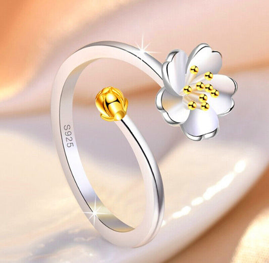 Gold Cherry Flower Adjustable Ring 925 Sterling Silver Plt Women Jewellery Gift