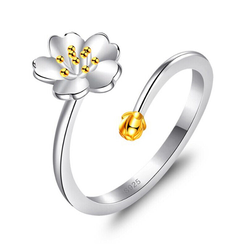 Gold Cherry Flower Adjustable Ring 925 Sterling Silver Plt Women Jewellery Gift