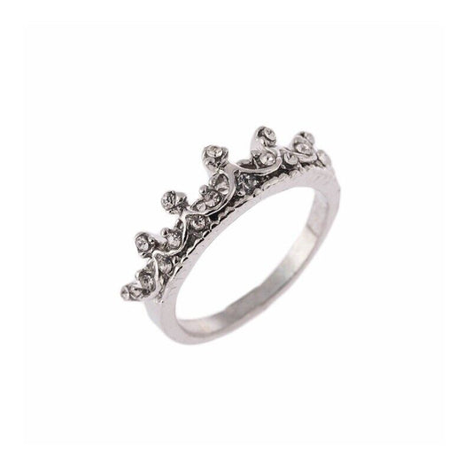 Ladies Silver Tiara Crown Ring Princess Crystal Inlay Alloy Crystal Fashion Gift