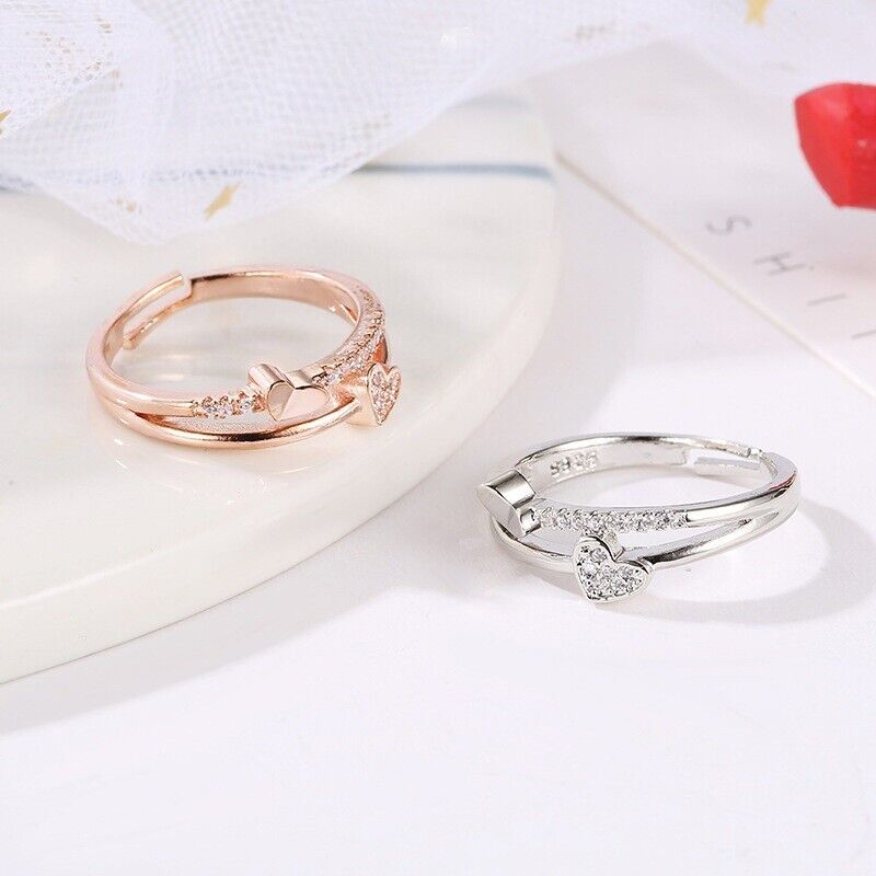 925 Sterling Silver plated Shinny Heart Couple Rings Crystal Engagement Gift