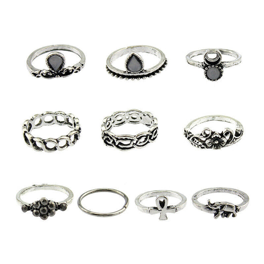 Set of 10 Rings Boho Knuckle Fashion Elephant Love Shinny Thumb Stack Jewelry