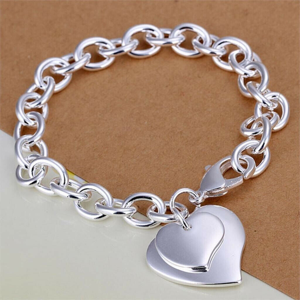 925 SILVER PLT FASHION DOUBLE LOVE HEART CHARM BRACELET / BANGLE / ANKLET LADIES